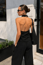 Neck Tie Detail Blouse Trousers Two-Piece Black Keten Set