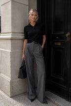 Polo Collar Buttoned Short Sleeve Black Knit Blouse