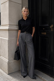 Polo Collar Buttoned Short Sleeve Black Knit Blouse