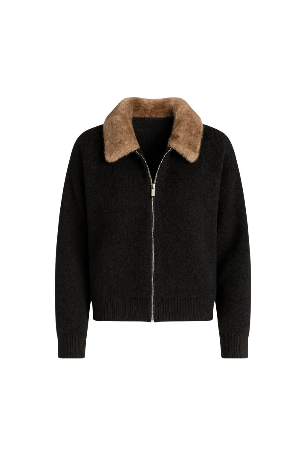 Fur Collar Detail Zippered Black Knit Sweater