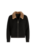 Fur Collar Detail Zippered Black Knit Sweater
