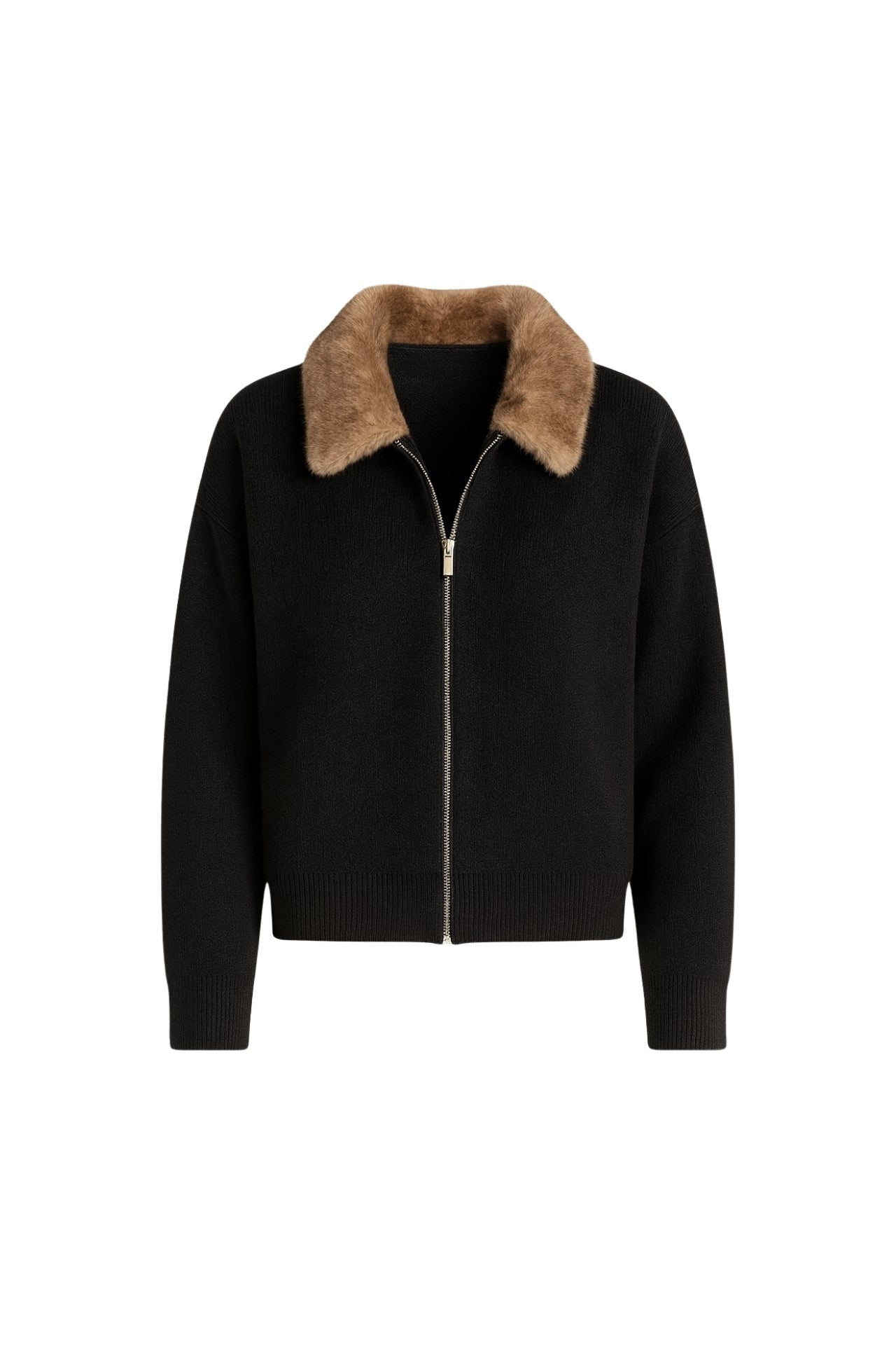 Fur Collar Detail Zippered Black Knit Sweater