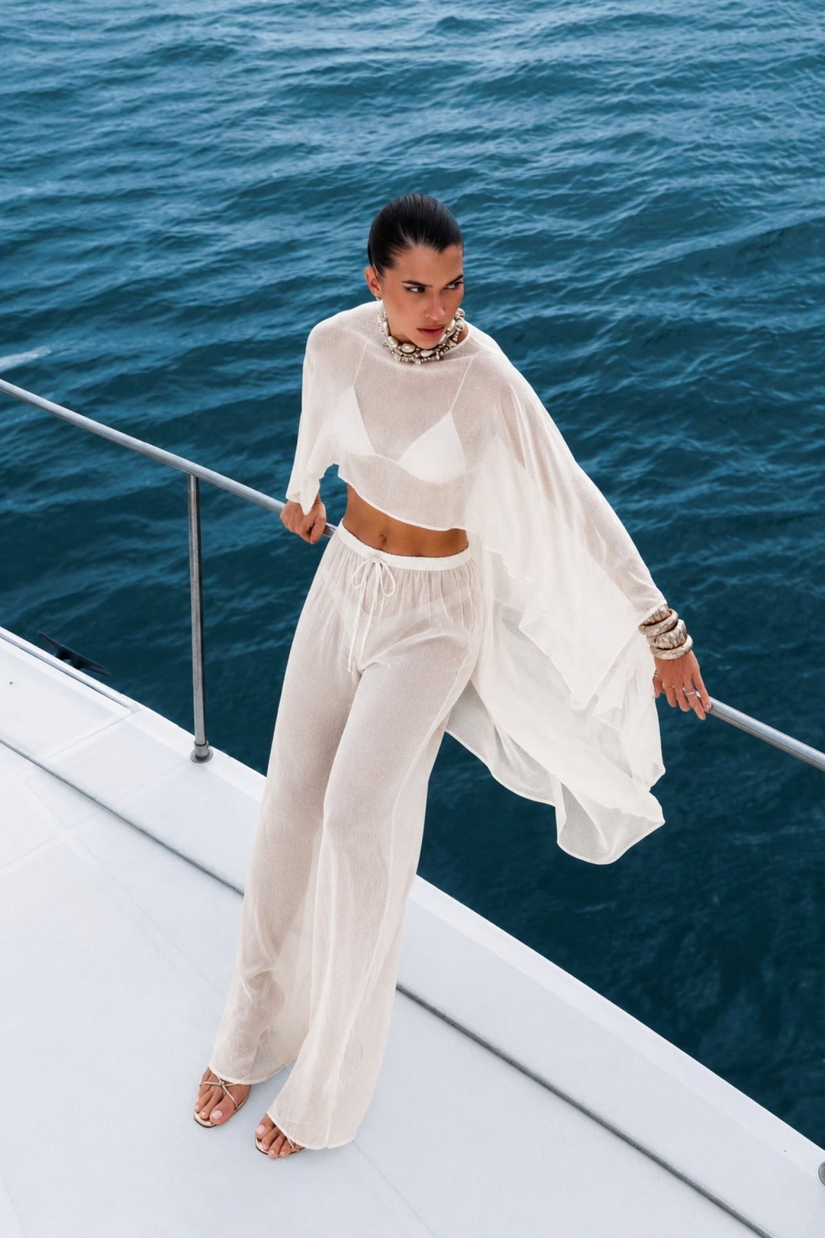 Wide Collar Crop Transparent Blouse High Waist Pants Two Piece White Set