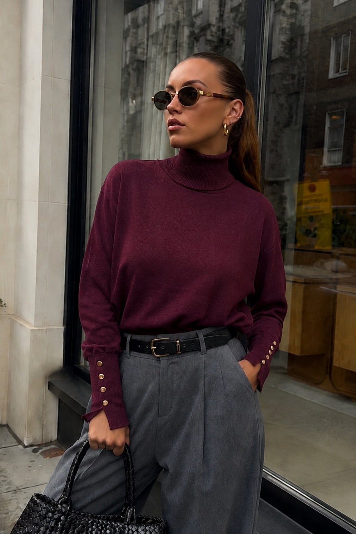 Turtleneck Button Detail Burgundy Knit Blouse