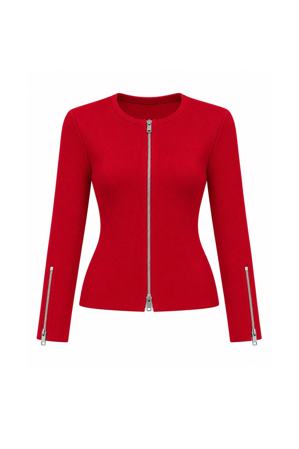 Double Fermuar Long Sleeve Red Textured Blouse