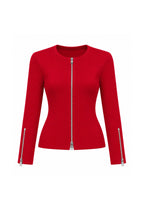 Double Fermuar Long Sleeve Red Textured Blouse