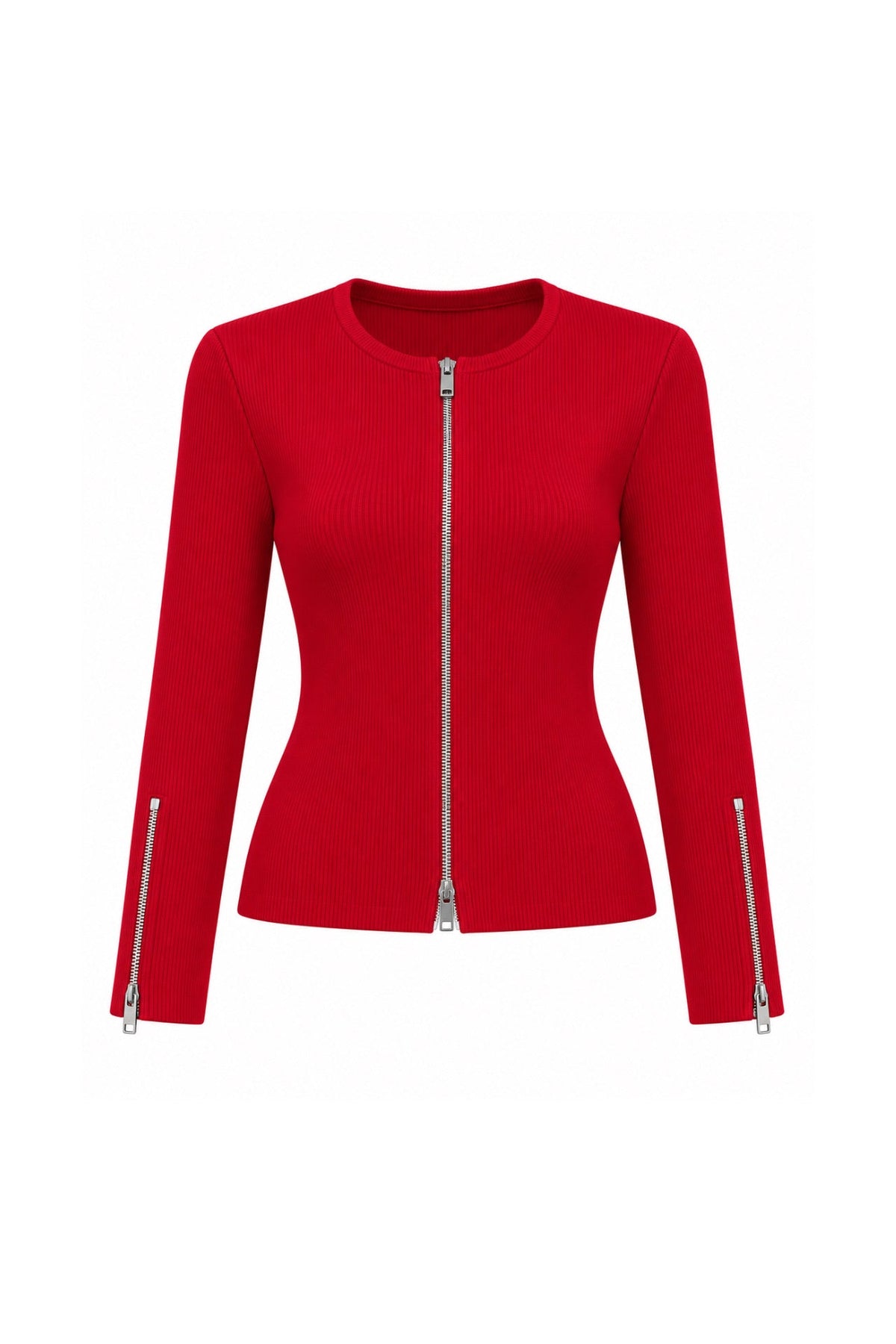 Double Fermuar Long Sleeve Red Textured Blouse