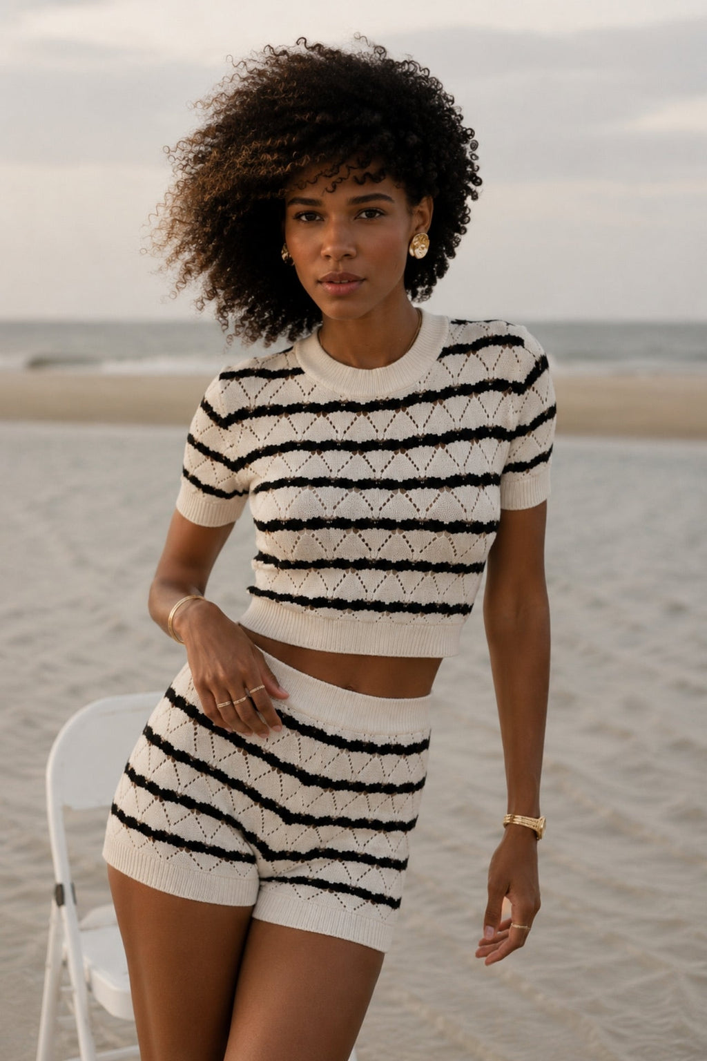 Striped Openwork Blouse Shorts Black and White Two-Piece Set