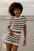 Striped Openwork Blouse Shorts Black and White Two-Piece Set