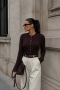 Crew Neck Button Detail Brown Knit Blouse