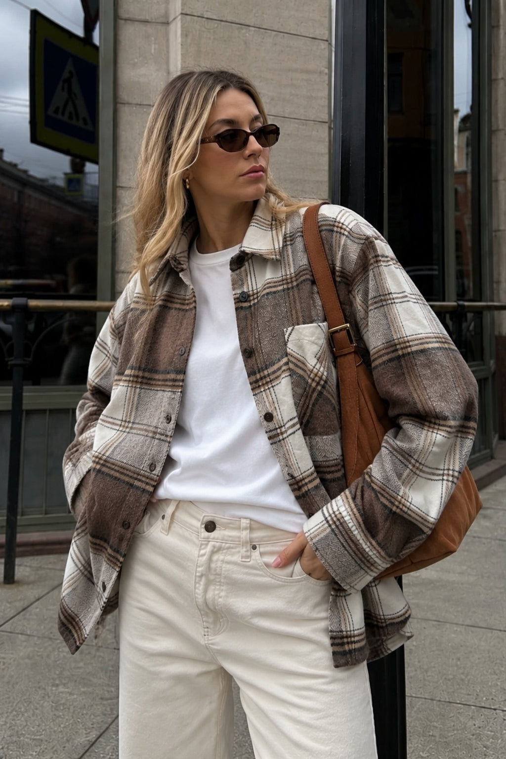 Basic Oversized Beige Plaid Shirt