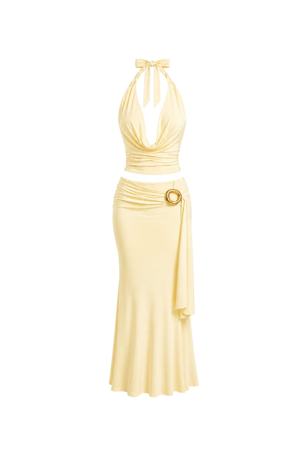 Cowl Neck Blouse Accessory Detail Maxi Skirt Two-Piece Yellow Set