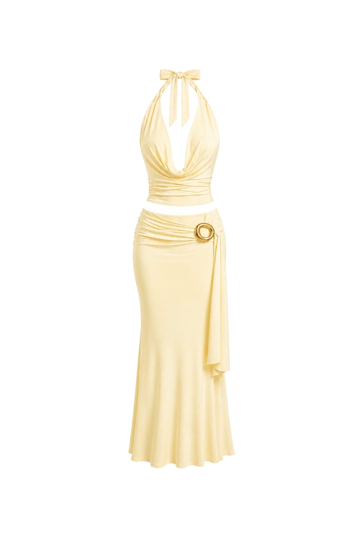 Cowl Neck Blouse Accessory Detail Maxi Skirt Two-Piece Yellow Set