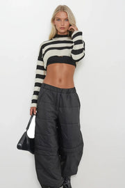 Zipper Detail Quilted Black Trousers
