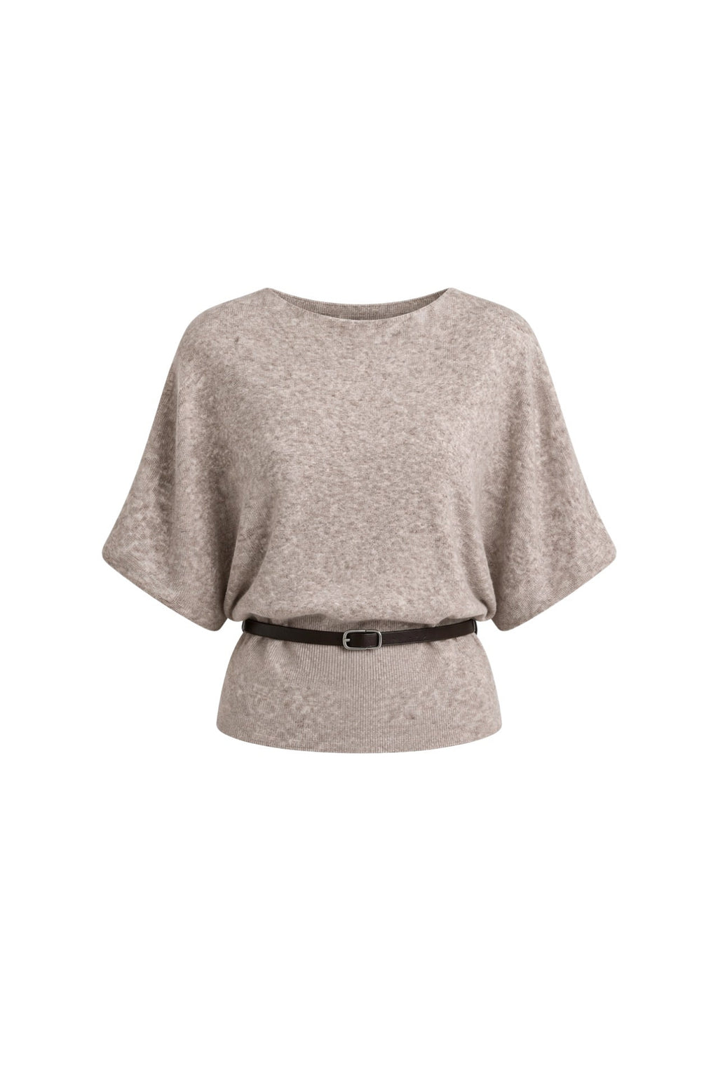 Belt Detail Short Sleeve Boat Neck Beige Knit Blouse