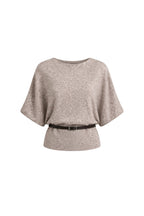 Belt Detail Short Sleeve Boat Neck Beige Knit Blouse