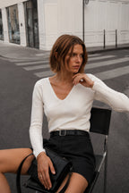 V-Neck Long Sleeve Textured White Blouse