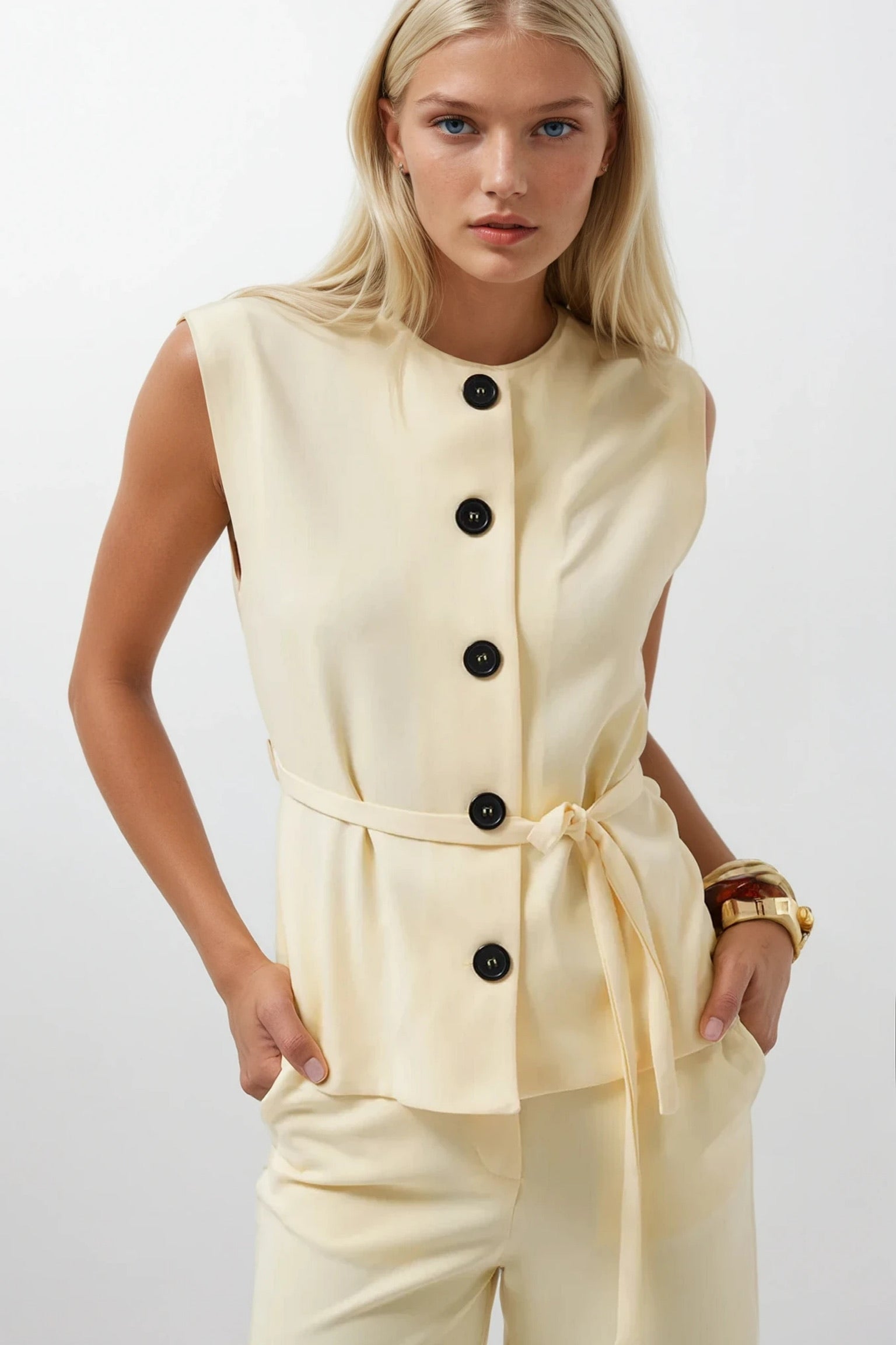 Sash Detail Woven Yellow Vest