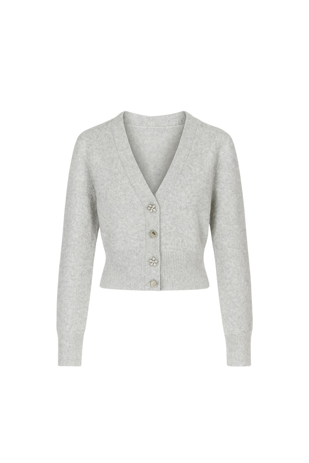 V-Neck Accessory Detail Gray Knit Cardigan