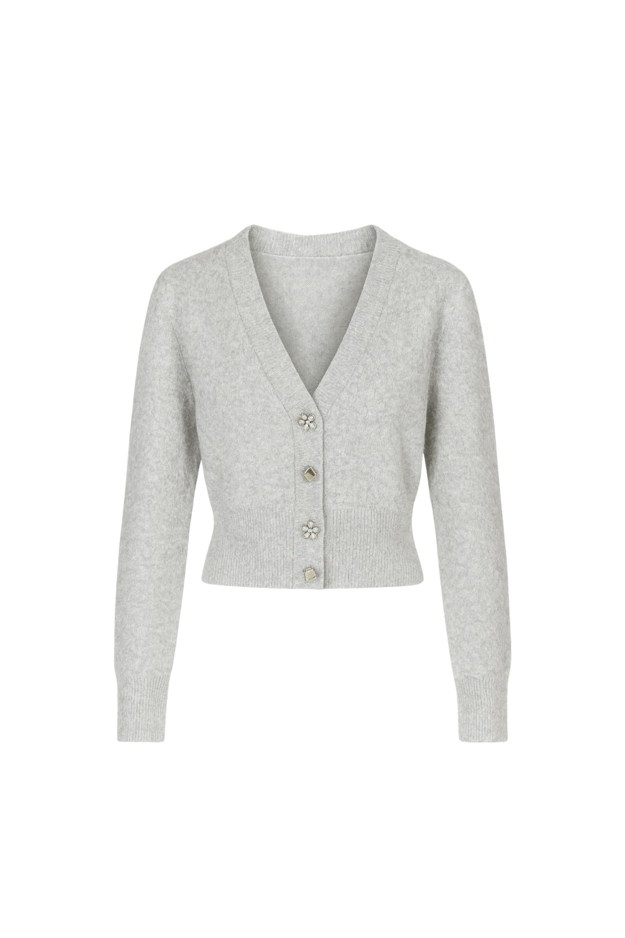 V-Neck Accessory Detail Gray Knit Cardigan