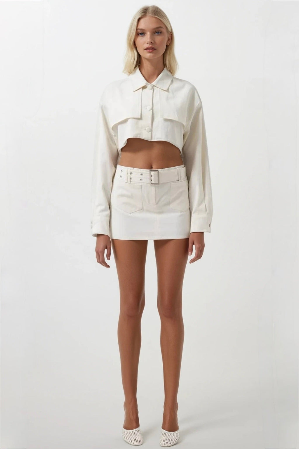 Waistt Detail Ecru Mini Skirt