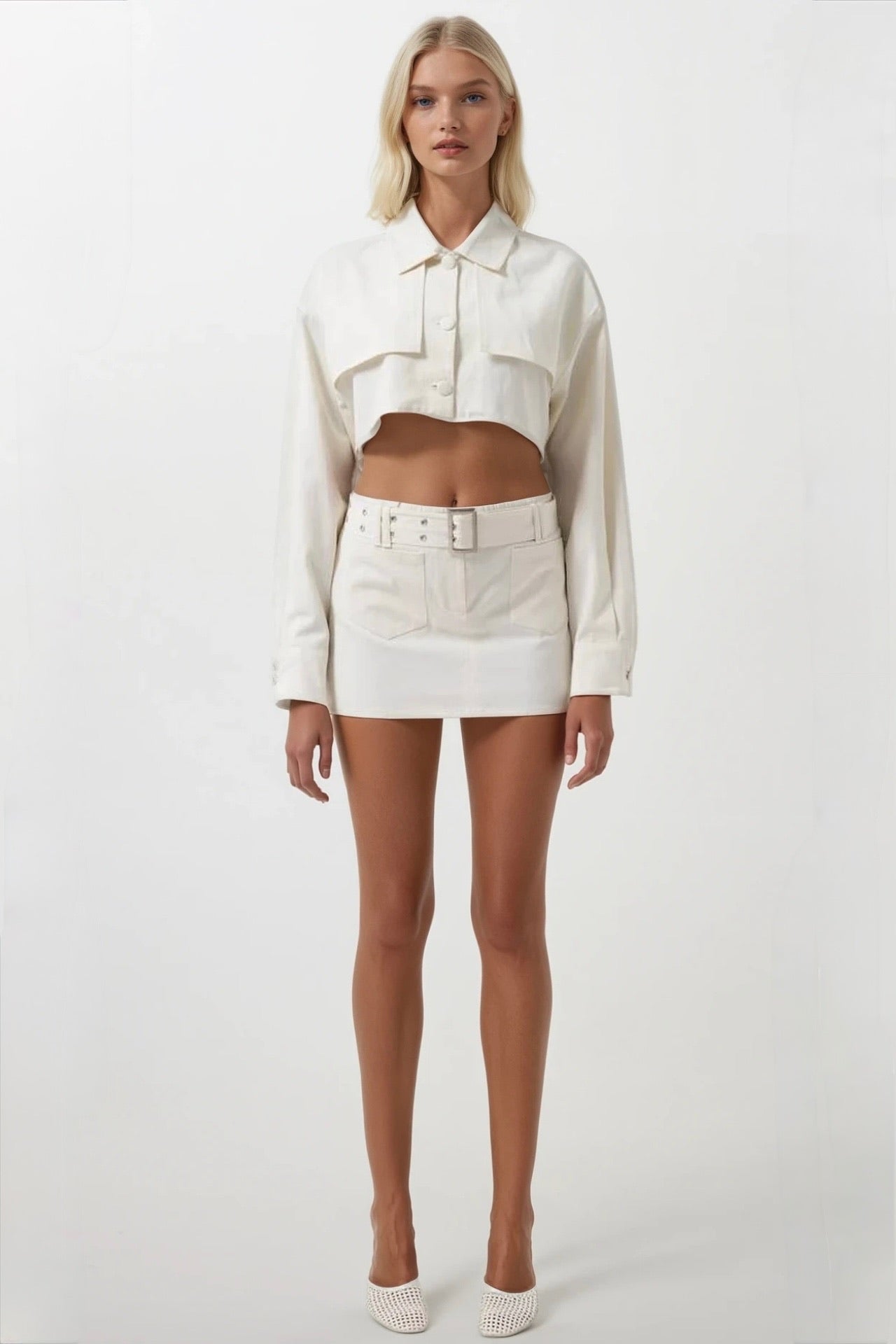 Waistt Detail Ecru Mini Skirt