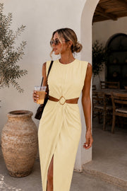 Accessory Detail Slit Maxi Yellow Linen Dress