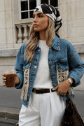 Fringe Detail Basic Light Blue Denim Jacket