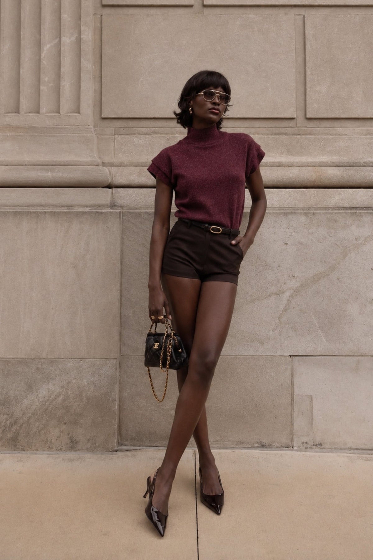 Turtleneck Sleeve Detail Textured Burgundy Blouse