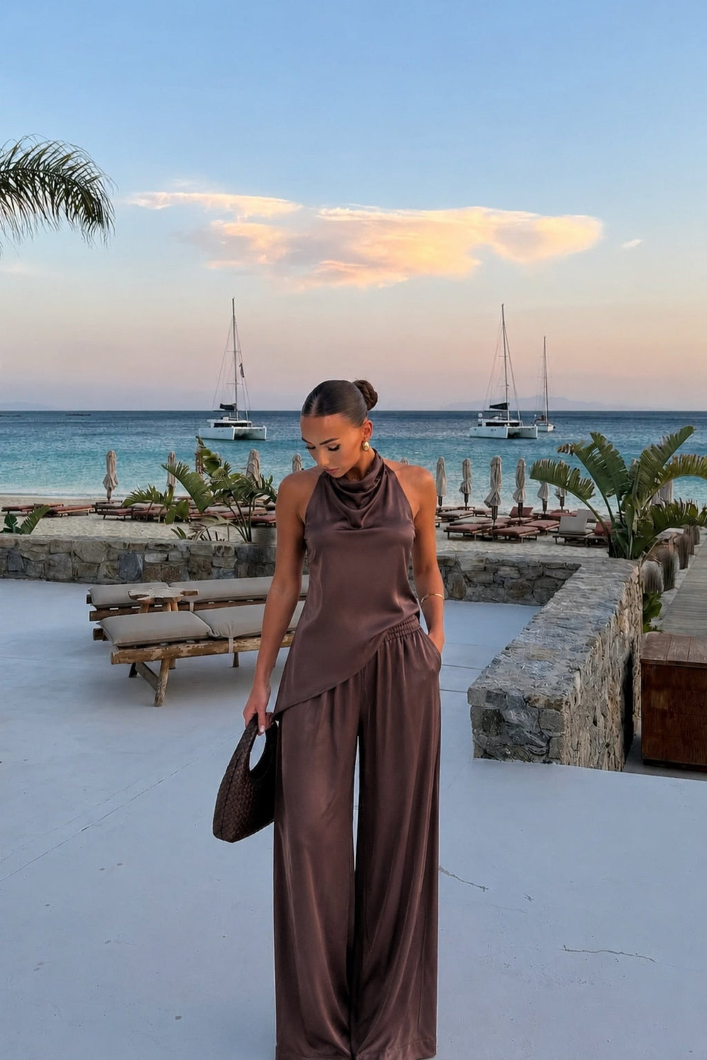 Asymmetric Cut Backless Blouse Pants Two-Piece Brown Satin Set