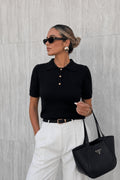 Polo Collar Gold Buttoned Black Blouse