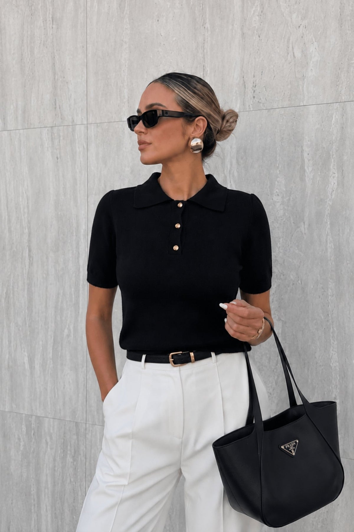 Polo Collar Gold Buttoned Black Blouse