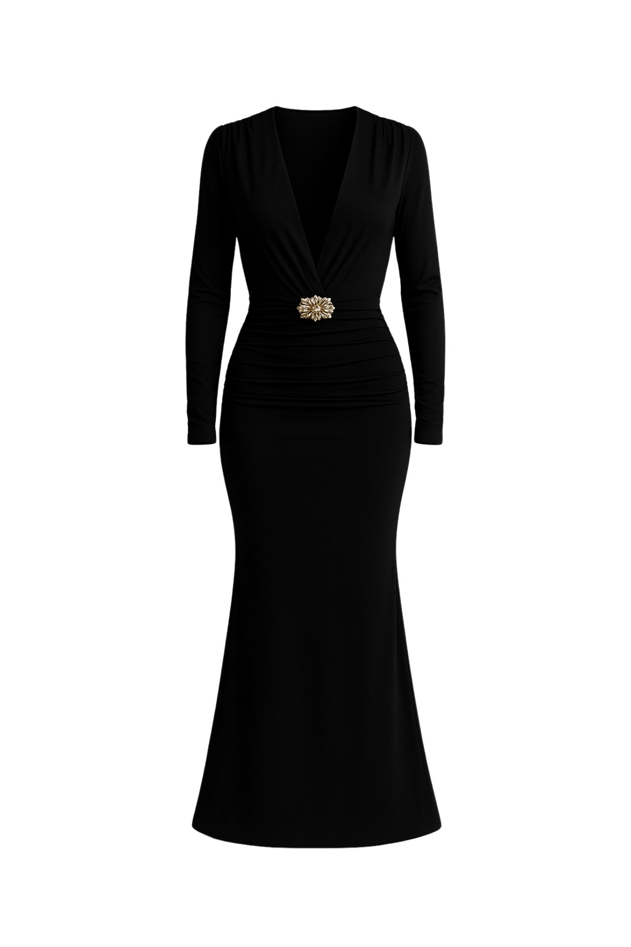 Accessory Detail Omuz And Waist Ruched Black Maxi Dress