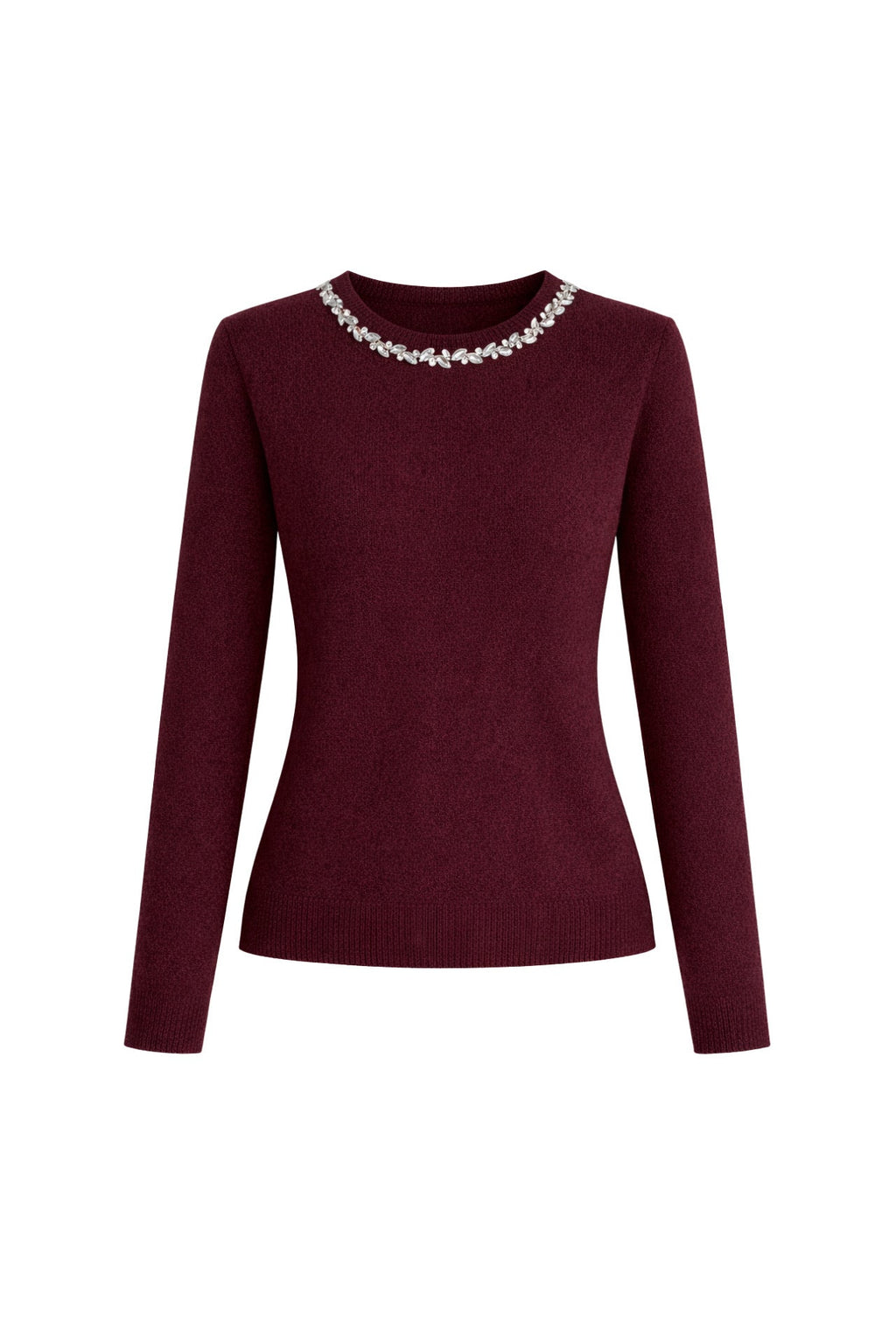 Stone-Embellished Collar Burgundy Knit Sweater
