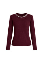 Stone-Embellished Collar Burgundy Knit Sweater