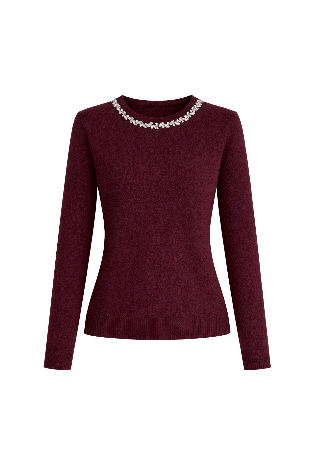 Stone-Embellished Collar Burgundy Knit Sweater
