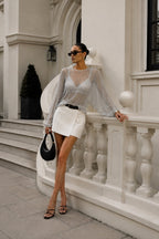 Boat-Neck Foil Yarasa Sleeve Silver Blouse