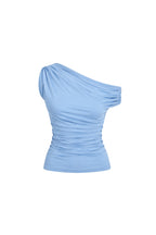 Asymmetrical Shoulder Detailed Blue Blouse with Fitted Waist