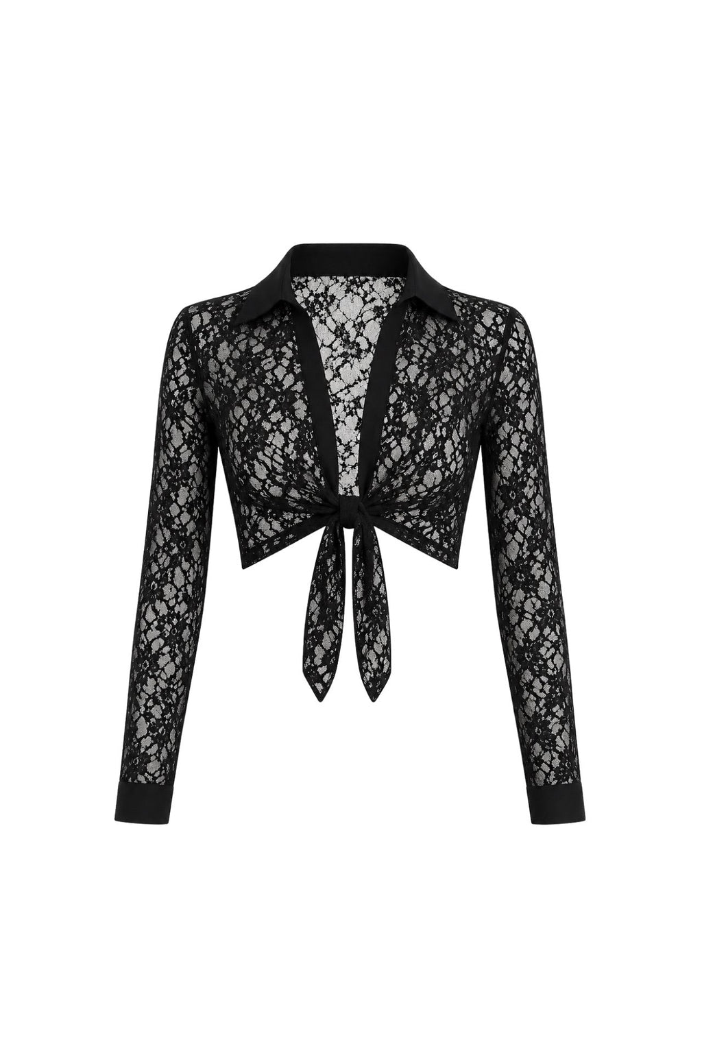 Tie Detail Polo Neck Crop Black Guipure Blouse