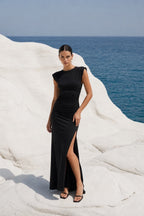 Black Maxi Gathered Dress with Shoulder Pad Detail and Slit