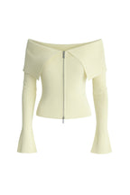 Off-Shoulder Neckline Ecru Zip-Up Knit Blouse