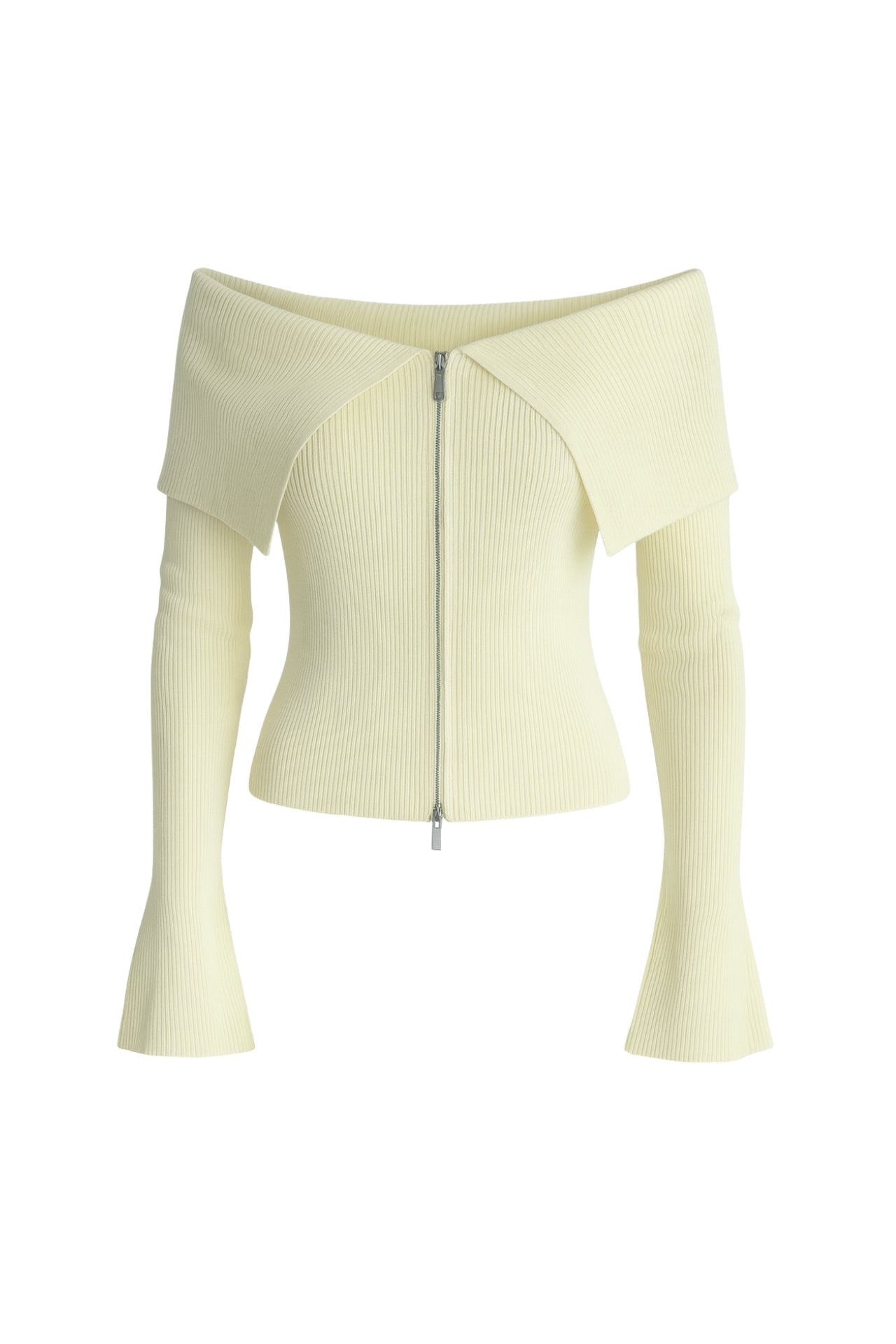 Off-Shoulder Neckline Ecru Zip-Up Knit Blouse