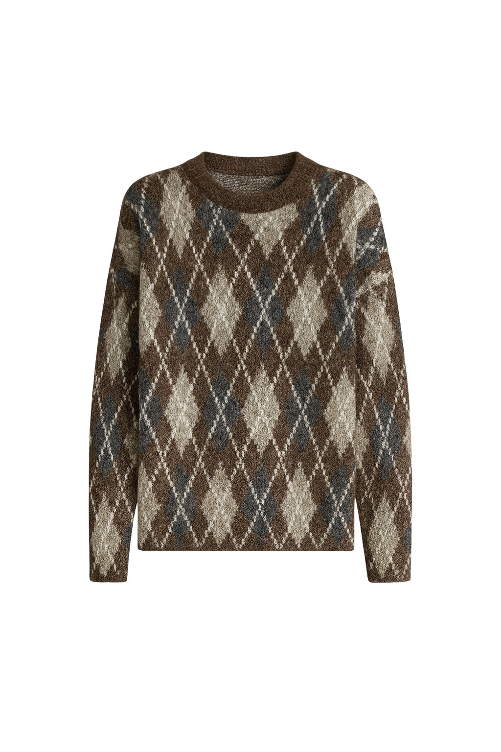 Crew Neck Diamond Pattern Brown Knit Sweater