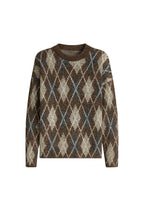Crew Neck Diamond Pattern Brown Knit Sweater