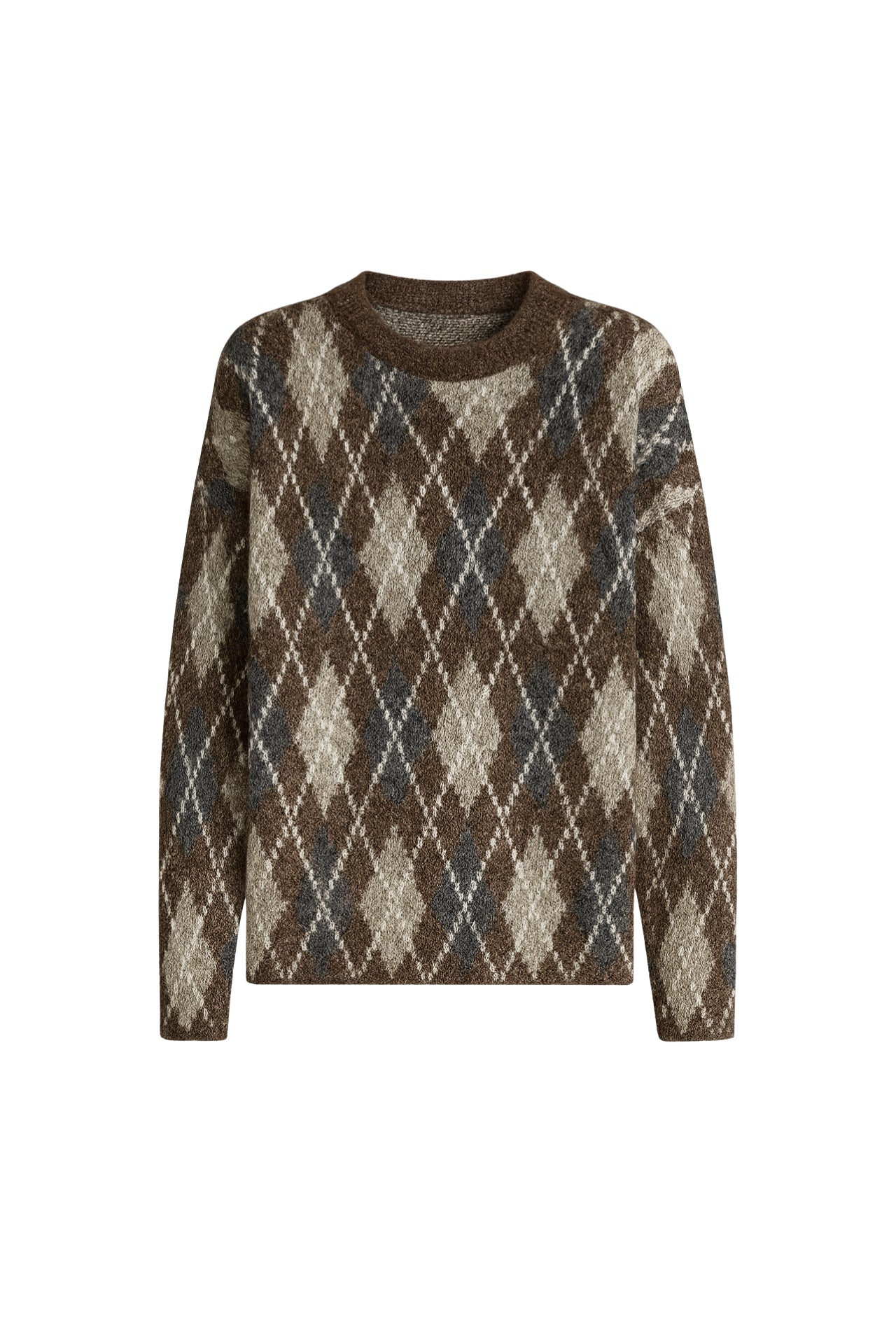 Crew Neck Diamond Pattern Brown Knit Sweater