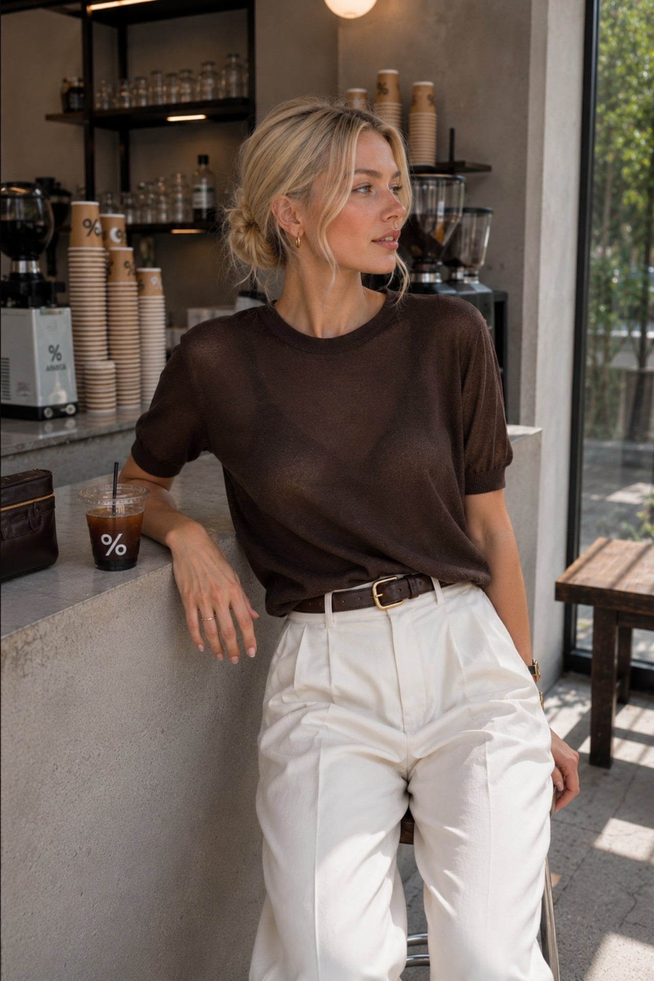Crew Neck Transparent Textured Brown Blouse