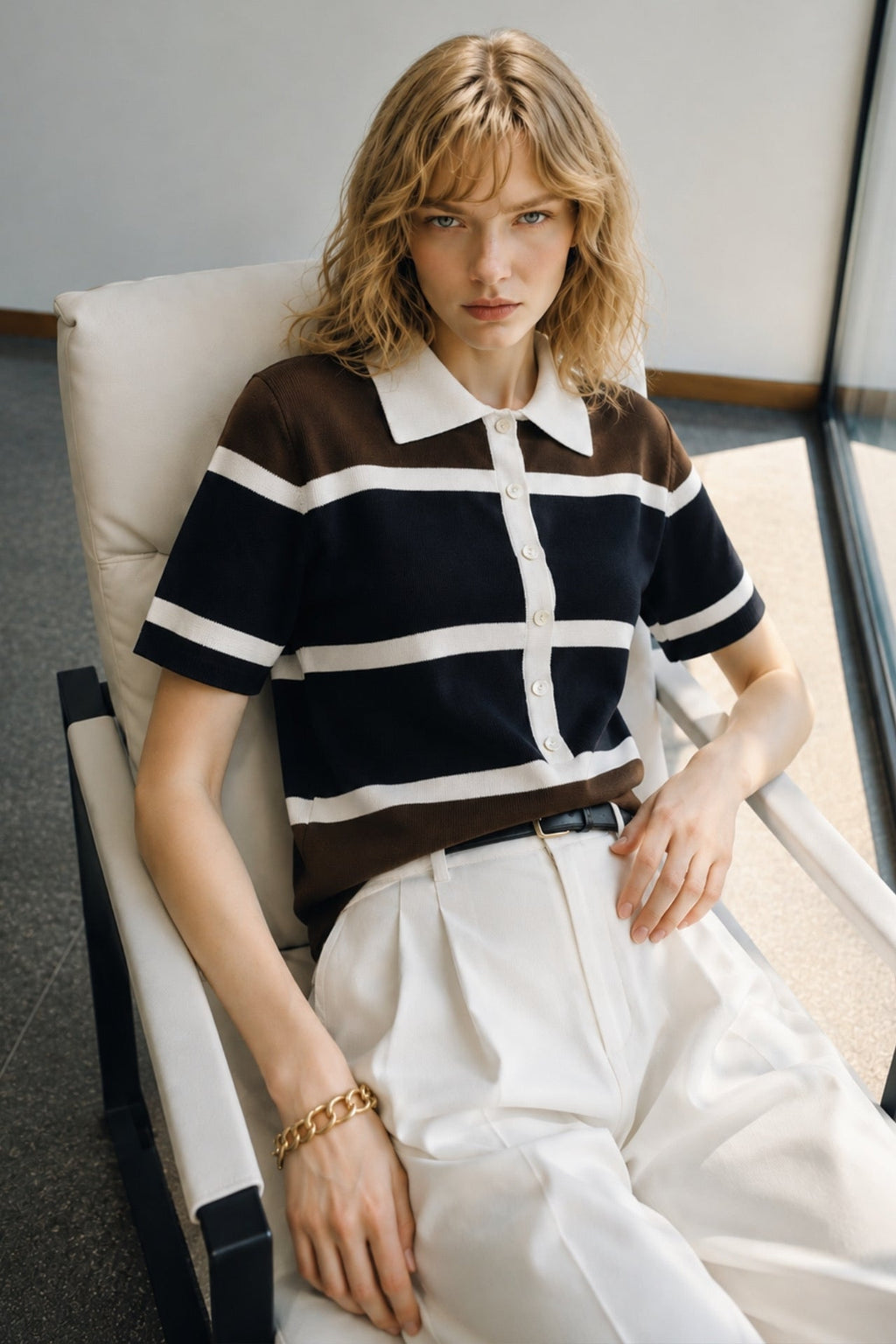 Striped Polo Collar Buttoned Brown Blouse
