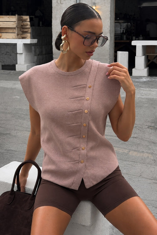 Asimetrik Button Detail Crew Neck Beige Knit Blouse