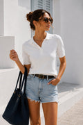 Polo Neck Button-Front Short Sleeve White Knit Blouse