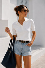 Polo Neck Button-Front Short Sleeve White Knit Blouse